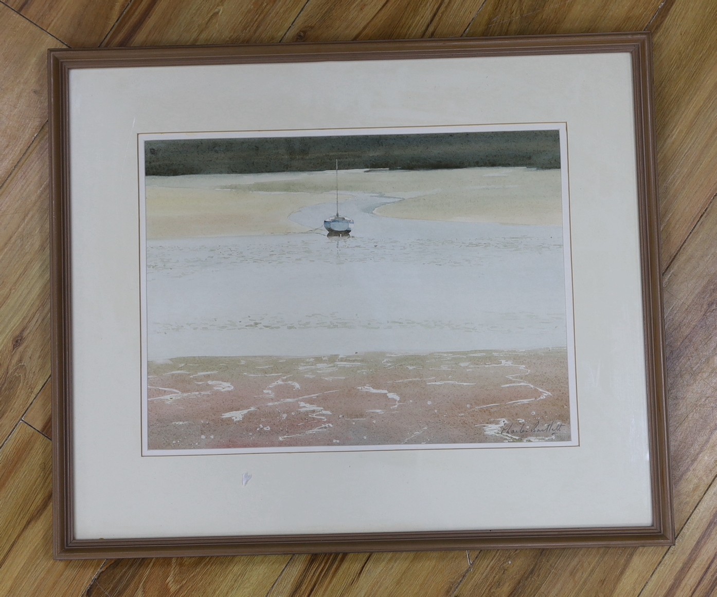 Charles Bartlett (1921-2014), East Anglian watercolour of yacht amongst the tide